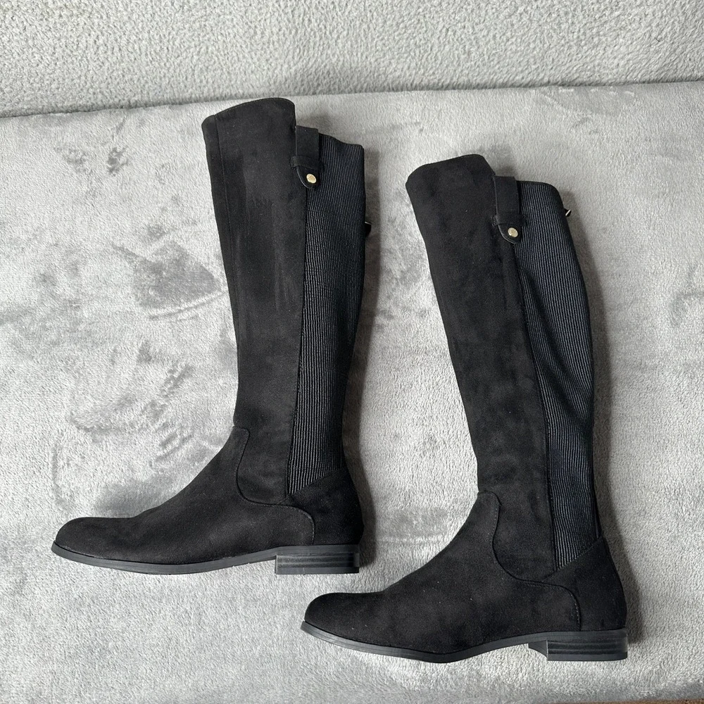 Kenneth‎ Cole Reaction WES Stretch Back Black Knee Boots Womens 6.5M Flat Zip